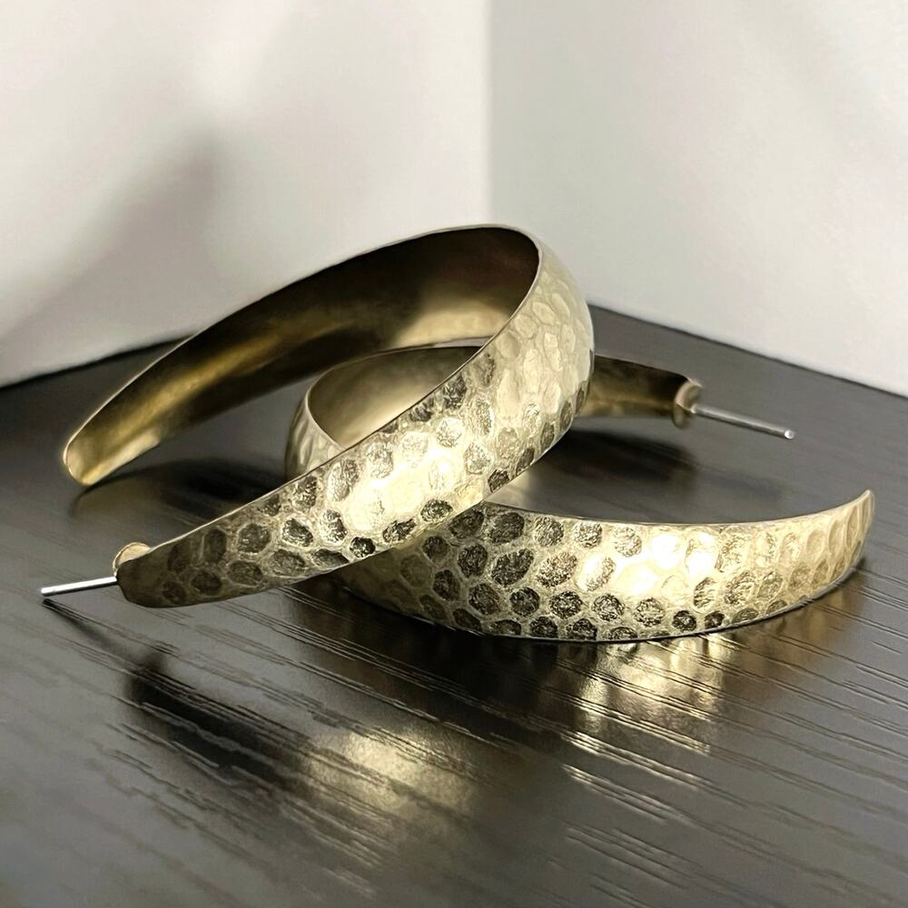 Large Distressed Hammered Brass Wide Tapered Hoop Earrings, Brushed Gold (EUC)